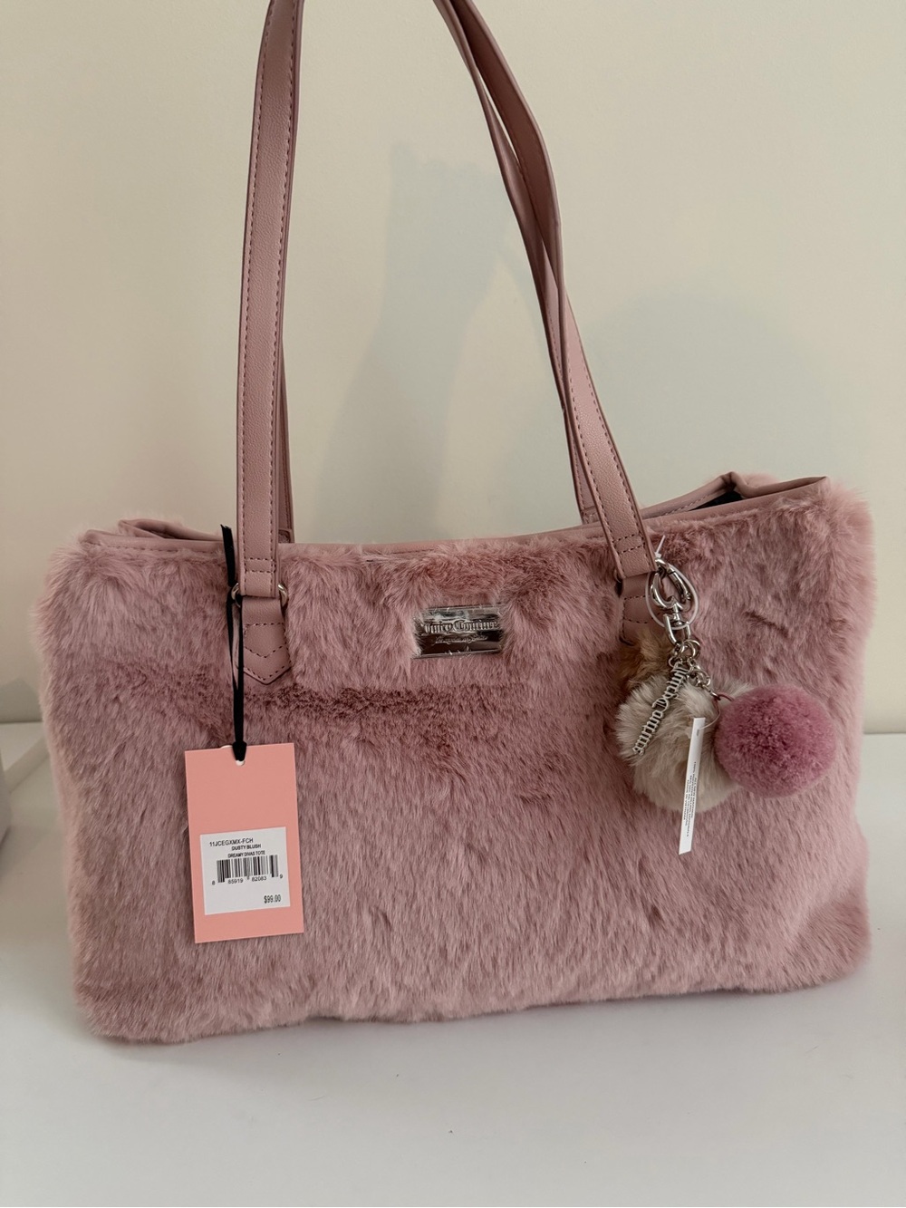 Juicy Couture Pink Faux Fur Shoulder Bag with Pom Charm